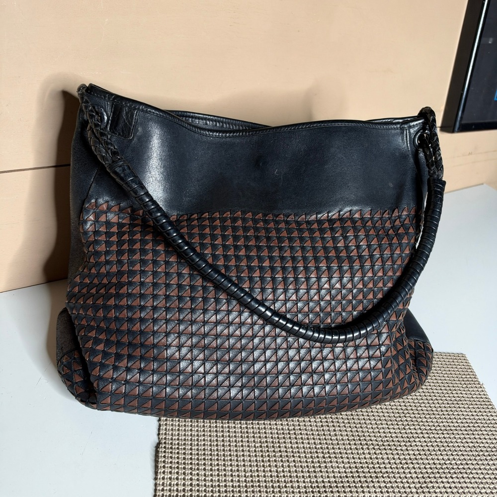 Bottega Veneta Black Brown Intrecciato Leather Hobo Bag Made in Italy